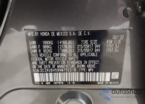 2022 Honda Hr-V Awd Ex из США, поврежденный, VIN 3CZRU6H58NM752218